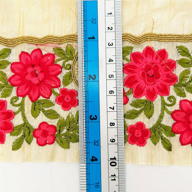 Beige Silk Fabric Trim, Green, Pink & Gold Floral Embroidery Indian Sari Border Trim By Yard Decorative Trim Craft Lace